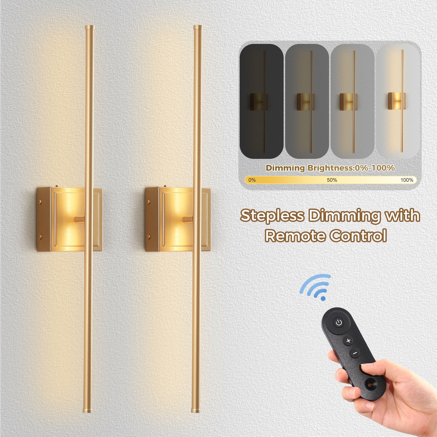 YANSUN Rotate Gold Dimmable Wireless Integrated LED Wall Sconce for Living Room with Remote Sconce Wall Decor 2-Pack