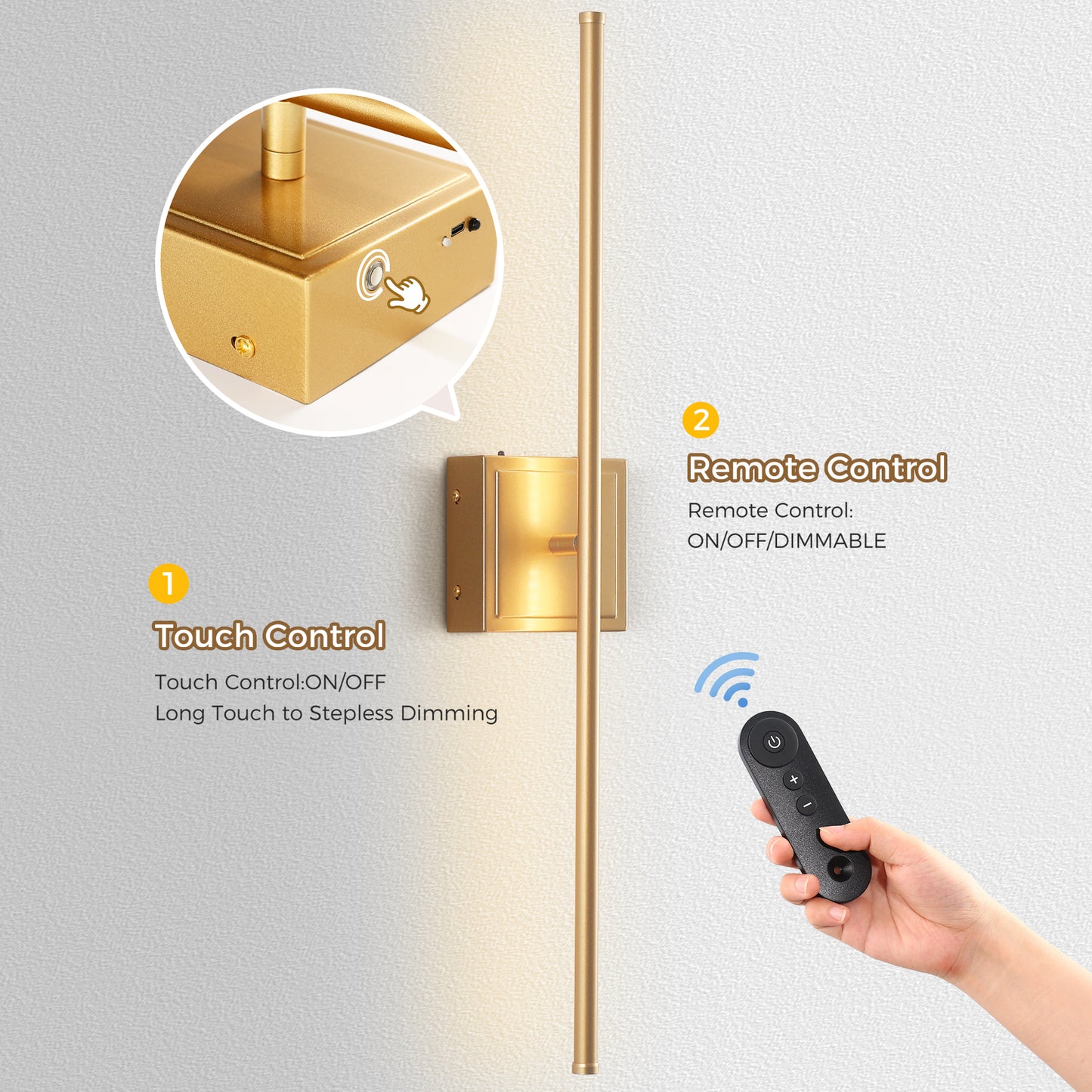 350?? Rotate Gold Dimmable Wireless Integrated LED Wall Sconce with Remote, Sconce Wall Decor for Living Room(2-Pack)