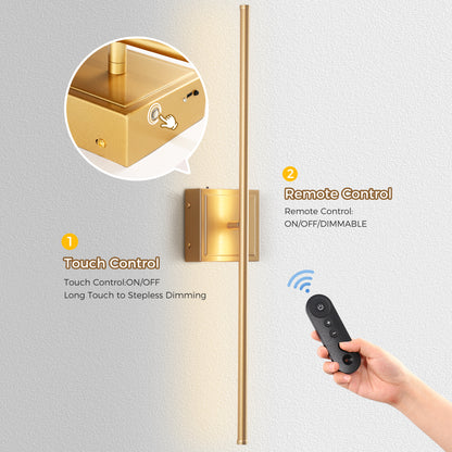 350?? Rotate Gold Dimmable Wireless Integrated LED Wall Sconce with Remote, Sconce Wall Decor for Living Room(2-Pack)