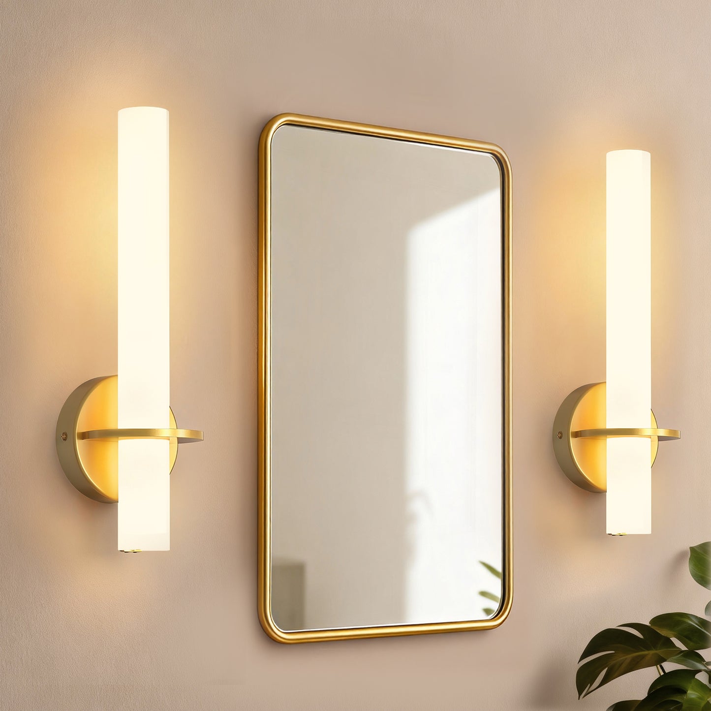 YANSUN Set of 2 Wall Sconces with Opal Acrylic Shade, Gold Finish, Integrated LED Adjustable Color Temperature, 18.1-Inch