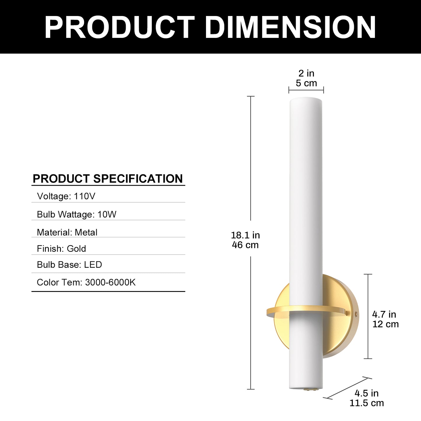 YANSUN Set of 2 Wall Sconces with Opal Acrylic Shade, Gold Finish, Integrated LED Adjustable Color Temperature, 18.1-Inch