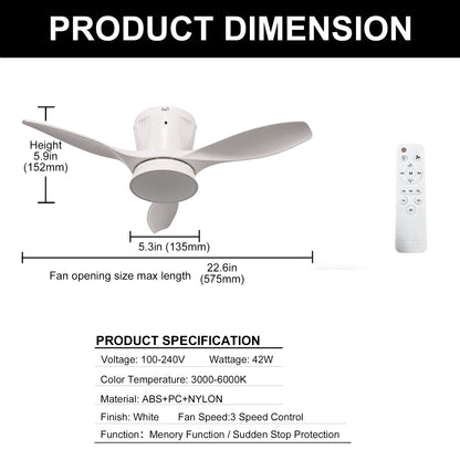 YANSUN 21 in 3-Blade Small Direct Fan Blade Ceiling Light, White, Hardwired, 100-240V