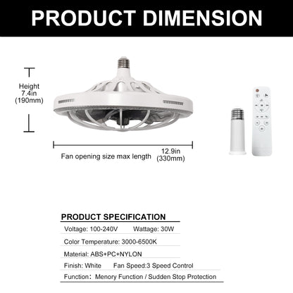 YANSUN 19.7in Retractable Bladeless Lighted Ceiling Fan with Light, 5-Blade Invisible Fan, Remote Control Dimmable LED Light, 3-Speed Timer Ceiling Fan Light Combo E26/E27