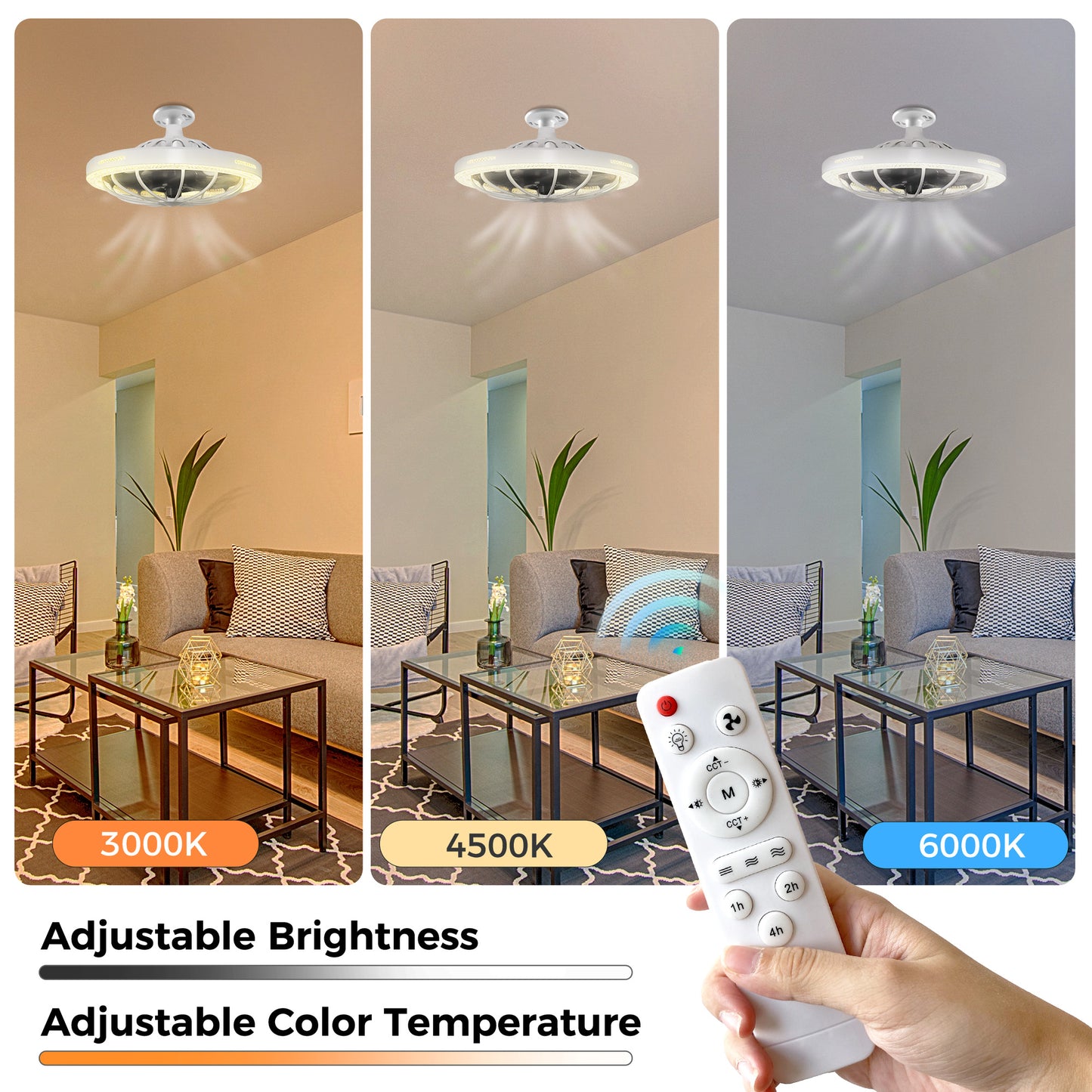 YANSUN 19.7in Retractable Bladeless Lighted Ceiling Fan with Light, 5-Blade Invisible Fan, Remote Control Dimmable LED Light, 3-Speed Timer Ceiling Fan Light Combo E26/E27