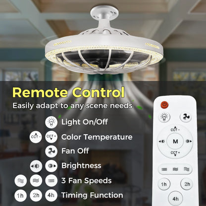 YANSUN 19.7in Retractable Bladeless Lighted Ceiling Fan with Light, 5-Blade Invisible Fan, Remote Control Dimmable LED Light, 3-Speed Timer Ceiling Fan Light Combo E26/E27