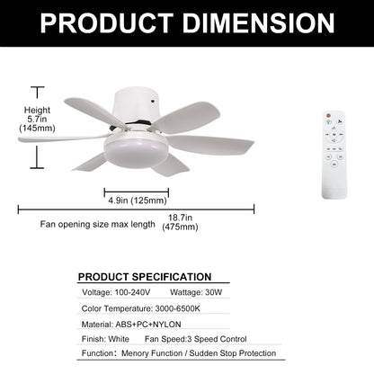 YANSUN 18.5 in 6-Blade Direct Fan Blade Ceiling Light, White, E26/E27, 100-240V