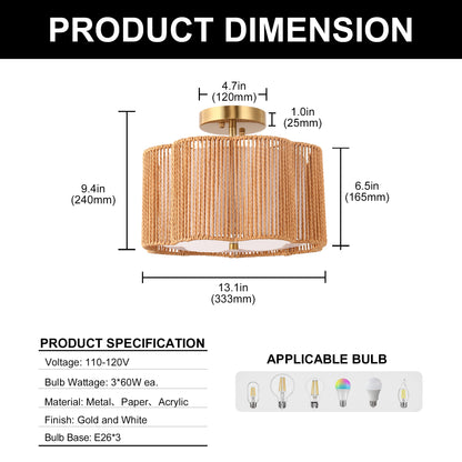 YANSUN 3-Light Flush Mount Ceiling Light in Copper Finish with Brown Shades, E26 Base, Non-Integrated Bulbs, 120V