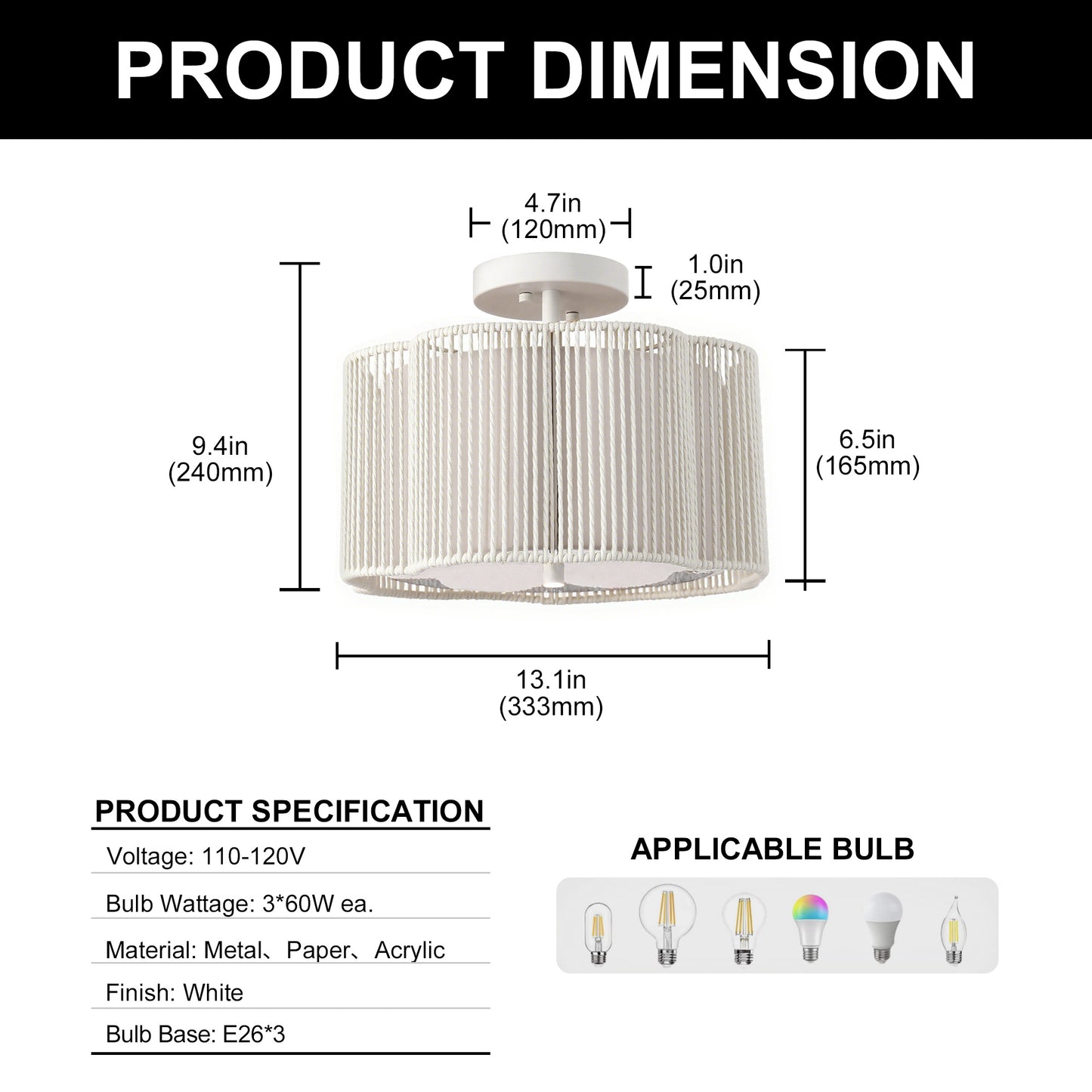 YANSUN 3-Light Flush Mount Ceiling Light in White Finish with White Shades, E26 Base, Non-Integrated Bulbs, 120V