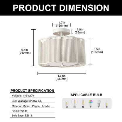 YANSUN 3-Light Flush Mount Ceiling Light in White Finish with White Shades, E26 Base, Non-Integrated Bulbs, 120V