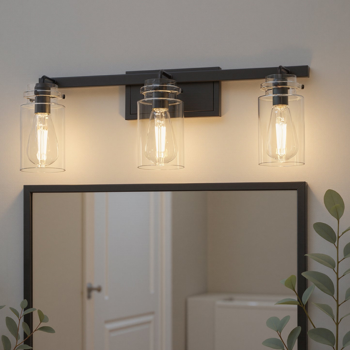 YANSUN 23.6 in. 3 Light Matte Black Vanity Light with Clear Glass Shades and E26 Sockets for Bathroom Use