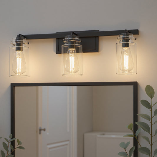 YANSUN 23.6 in. 3 Light Matte Black Vanity Light with Clear Glass Shades and E26 Sockets for Bathroom Use