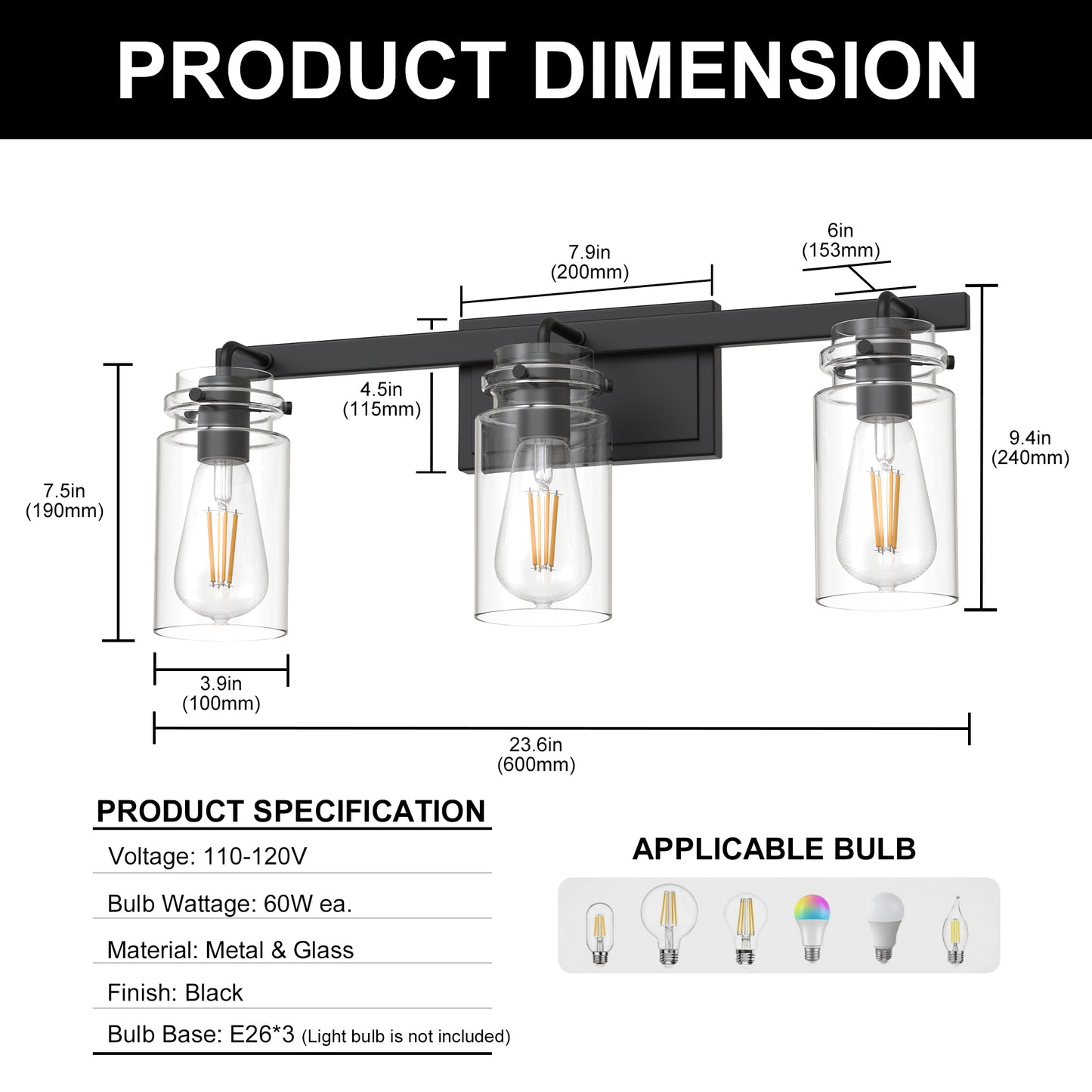YANSUN 23.6 in. 3 Light Matte Black Vanity Light with Clear Glass Shades and E26 Sockets for Bathroom Use