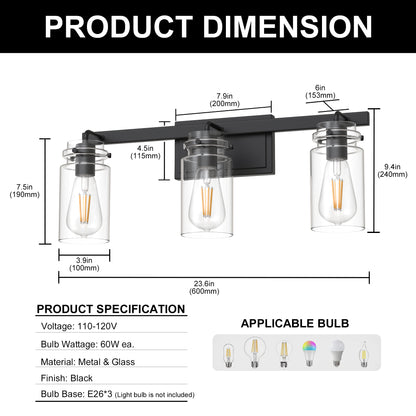 YANSUN 23.6 in. 3 Light Matte Black Vanity Light with Clear Glass Shades and E26 Sockets for Bathroom Use