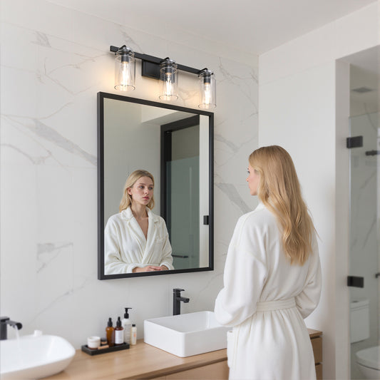 YANSUN 23.6 in. 3 Light Matte Black Vanity Light with Clear Glass Shades and E26 Sockets for Bathroom Use