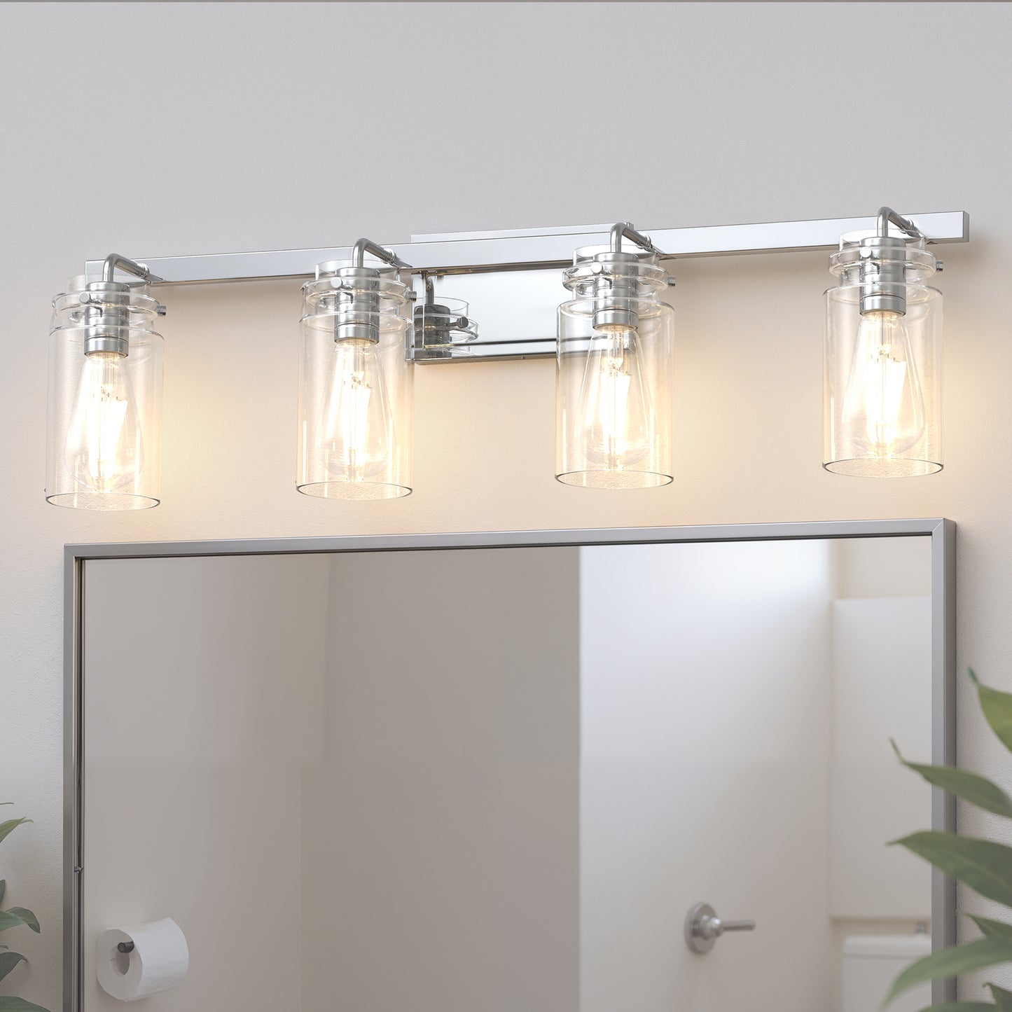 YANSUN 31.5 in. 4 Light Chrome Vanity Light with Clear Glass Shades and E26 Sockets for Bathroom Use