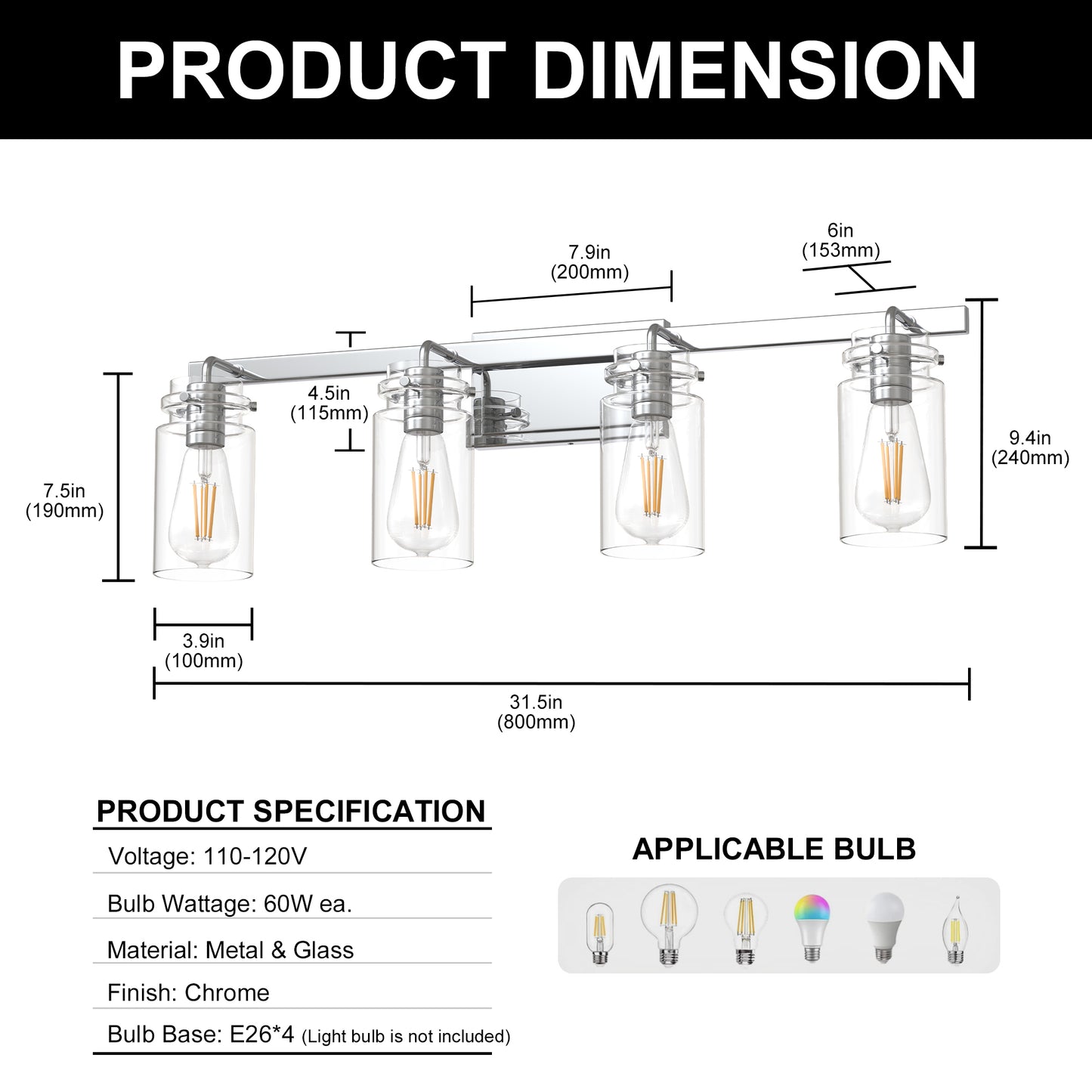 YANSUN 31.5 in. 4 Light Chrome Vanity Light with Clear Glass Shades and E26 Sockets for Bathroom Use