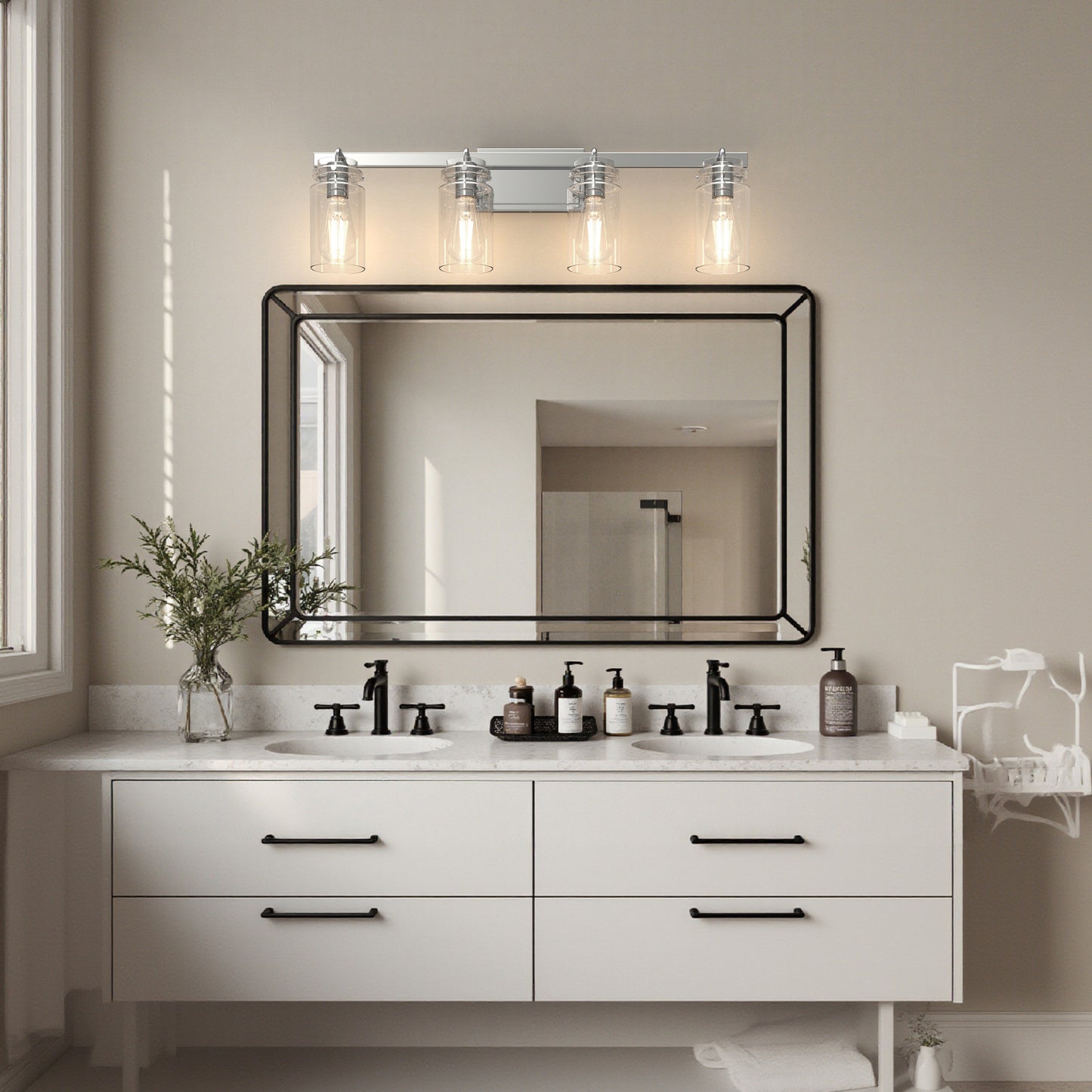 YANSUN 31.5 in. 4 Light Chrome Vanity Light with Clear Glass Shades and E26 Sockets for Bathroom Use