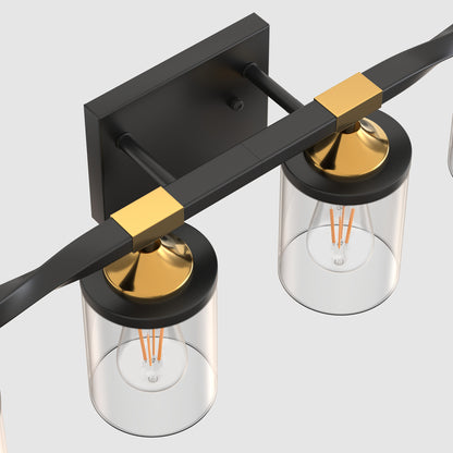 26 in. 4-Light Black and Gold Vanity Light with Clear Glass Shades for Bathroom