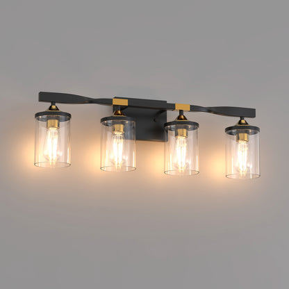 26 in. 4-Light Black and Gold Vanity Light with Clear Glass Shades for Bathroom