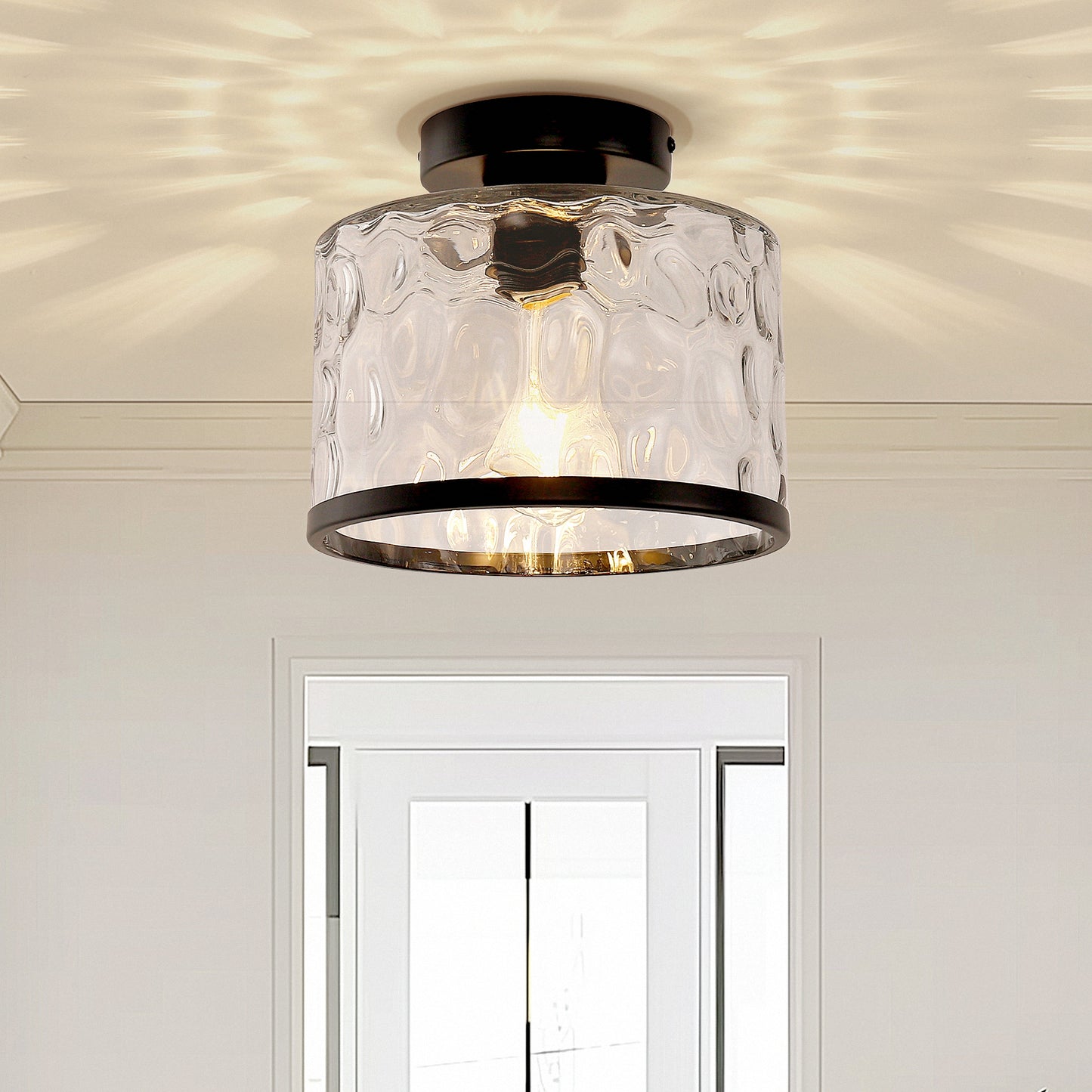 9 in. 1-Light Black Modern Semi Flush Mount Ceiling Light Industrial Clear Water Glass for Hallway Kitchen Bathroom