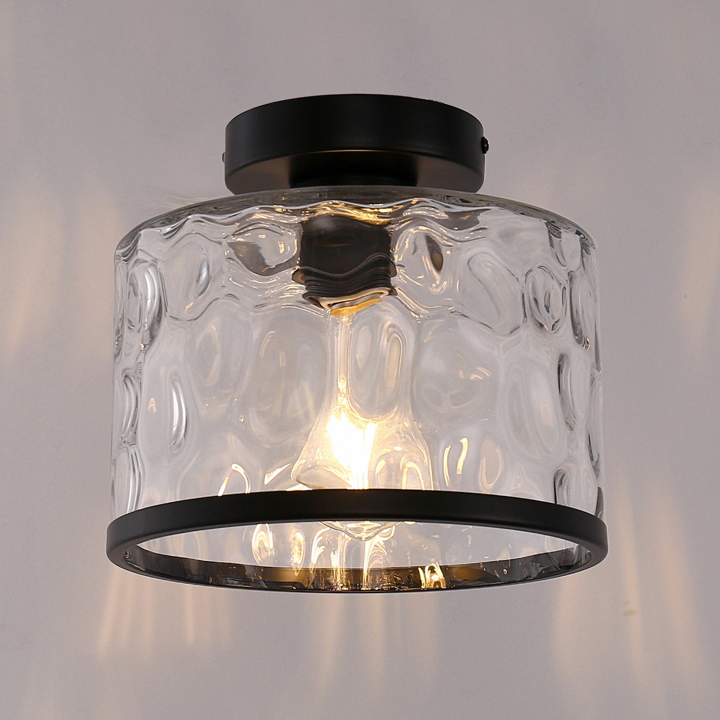 YANSUN 9 in. 1-Light Black Round Clear Glass Semi-Flush Mount with Water Glass Shade and No Bulbs Included 1-Pack