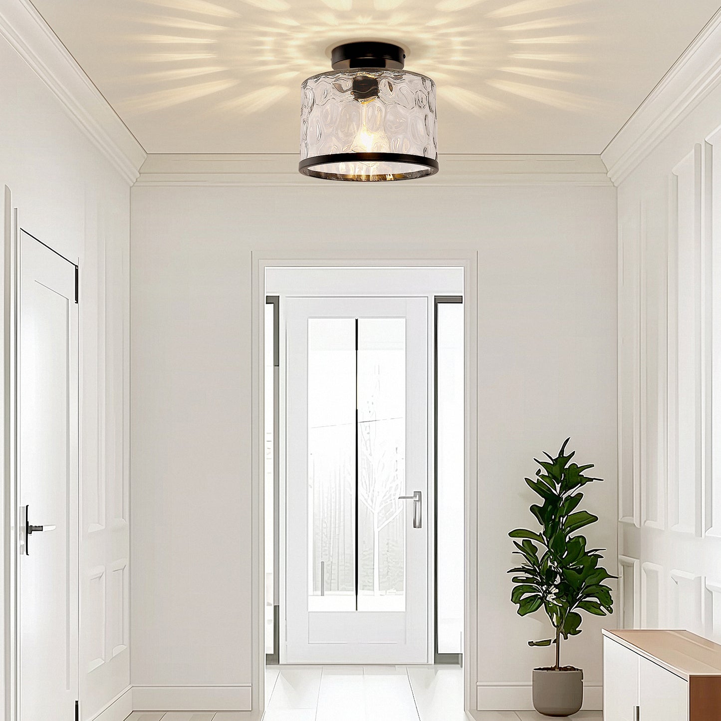YANSUN 9 in. 1-Light Black Round Clear Glass Semi-Flush Mount with Water Glass Shade and No Bulbs Included 1-Pack