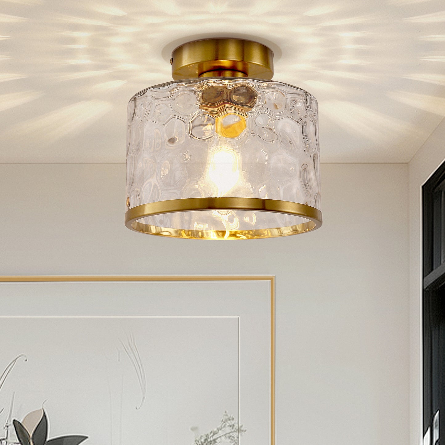 YANSUN 9 in. 1-Light Gold Round Clear Glass Semi-Flush Mount with Water Glass Shade for Bathroom and No Bulbs Included 1-Pack
