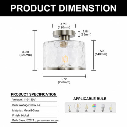 9 in. 1-Light Brushed Nickel Semi Flush Mount Ceiling Light Industrial Clear Water Glass for Hallway Kitchen Bathroom