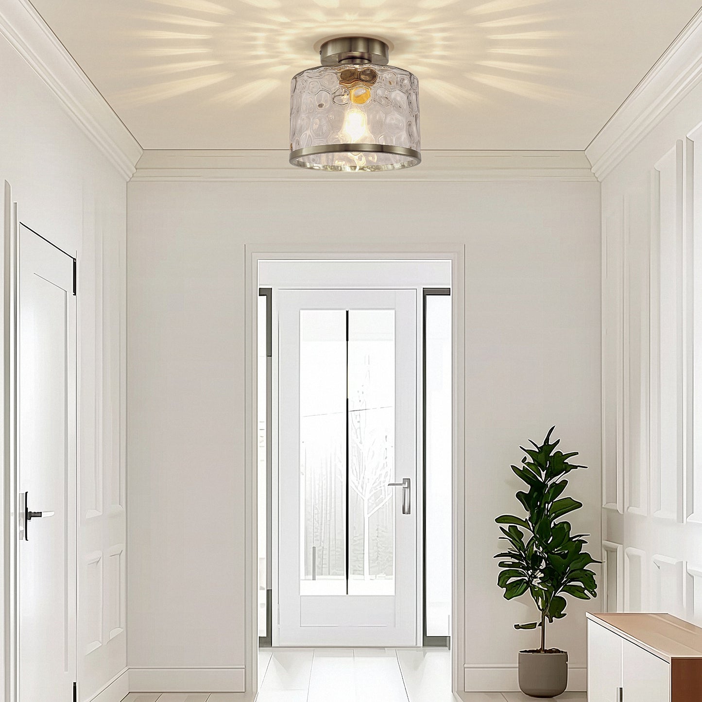 9 in. 1-Light Brushed Nickel Semi Flush Mount Ceiling Light Industrial Clear Water Glass for Hallway Kitchen Bathroom