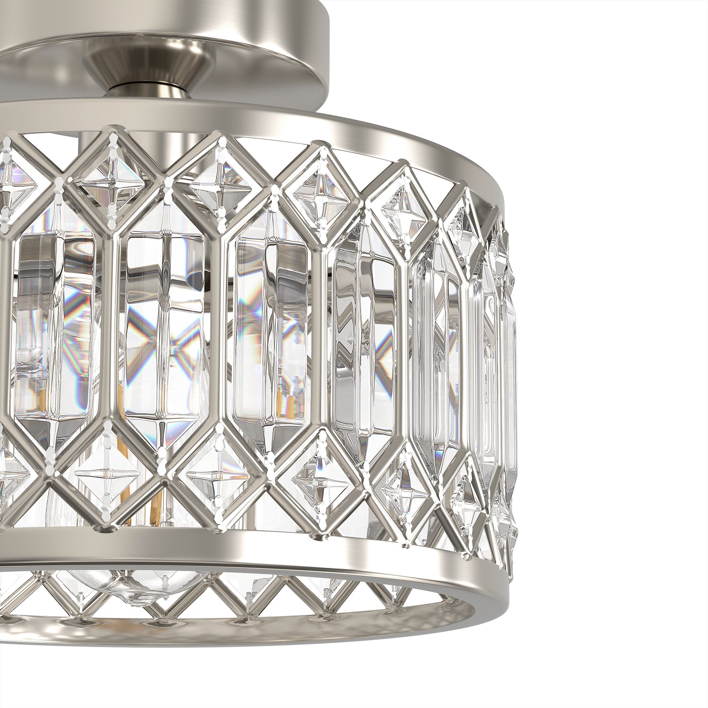 YANSUN 1-Light Drum Shape Semi-Flush Mount Ceiling Light, Triangular Crystal Bar Accents, Brushed Nickel Finish, Traditional Design