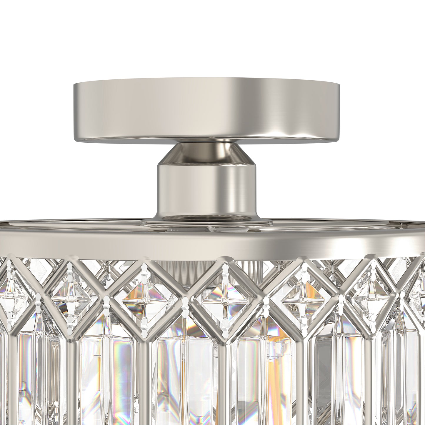 YANSUN 1-Light Drum Shape Semi-Flush Mount Ceiling Light, Triangular Crystal Bar Accents, Brushed Nickel Finish, Traditional Design