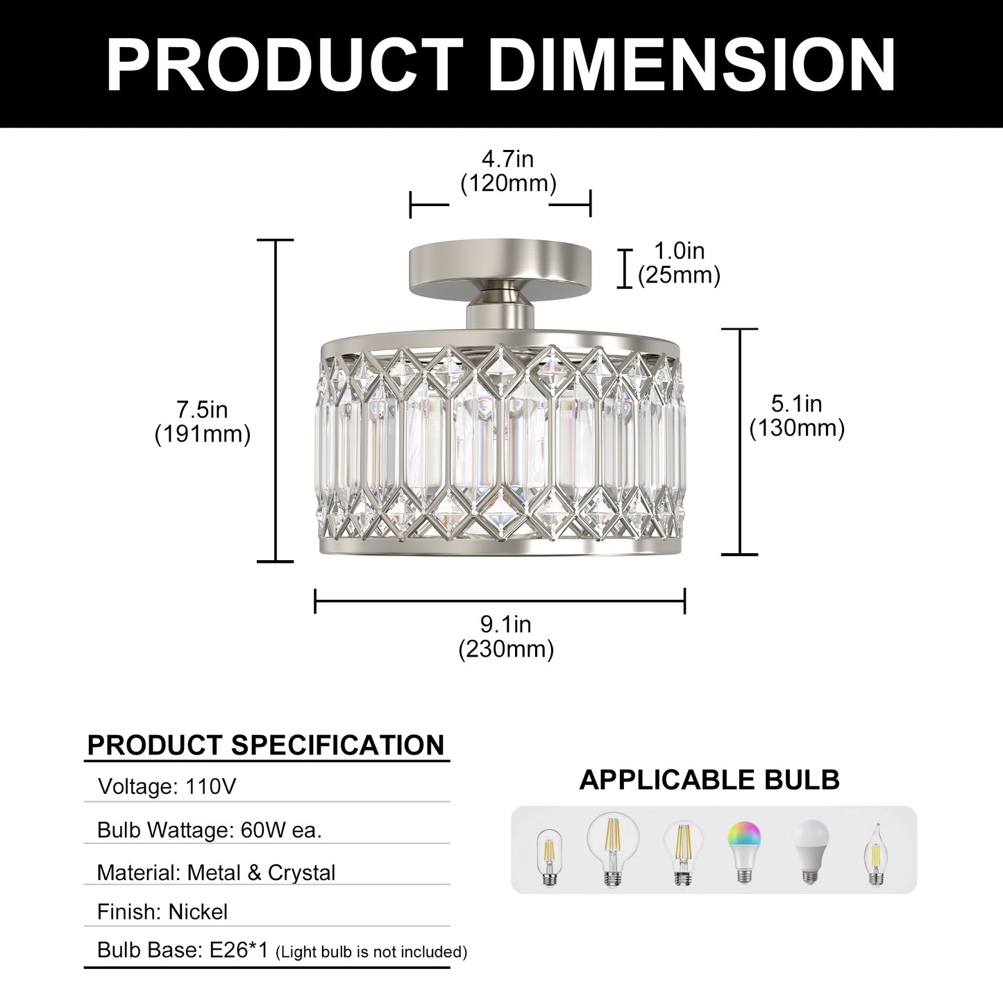 YANSUN 1-Light Drum Shape Semi-Flush Mount Ceiling Light, Triangular Crystal Bar Accents, Brushed Nickel Finish, Traditional Design