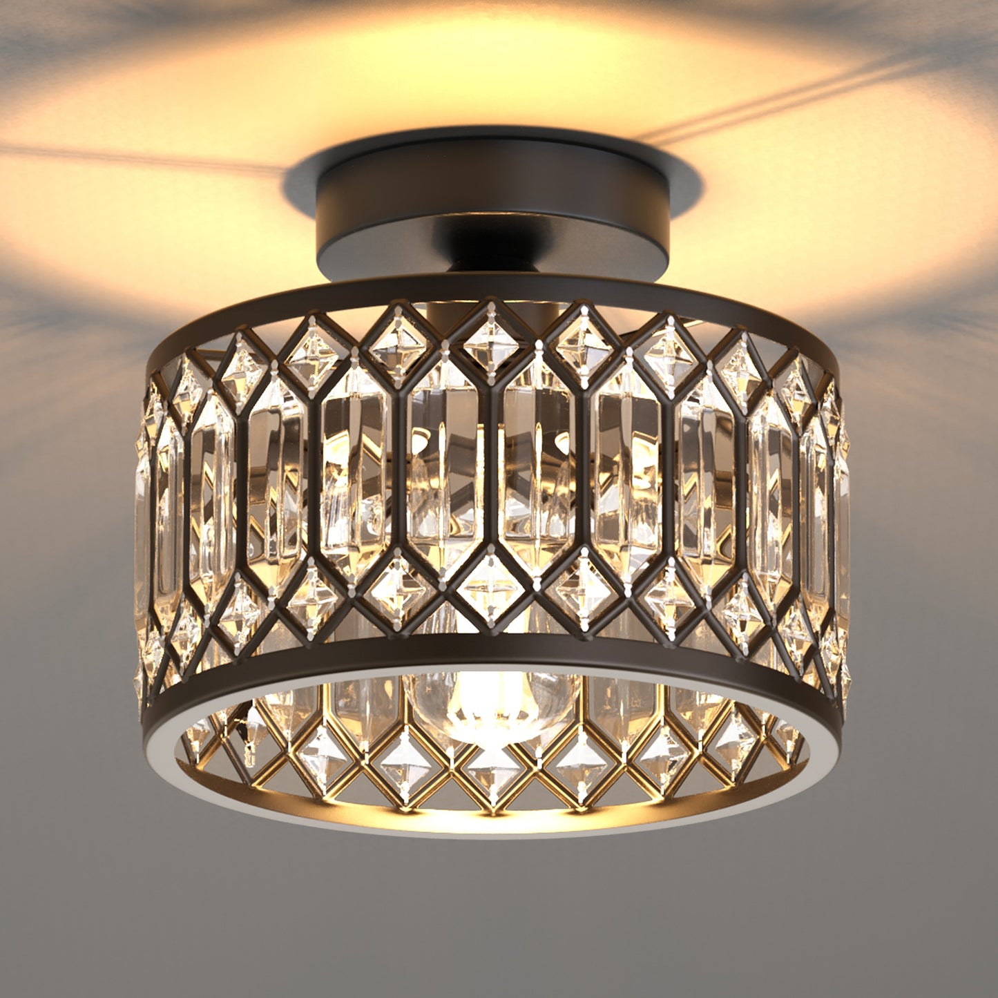 YANSUN Single-Light Semi-Flush Ceiling Light with Triangular Crystal Strips Black E26 Bulb Not Included