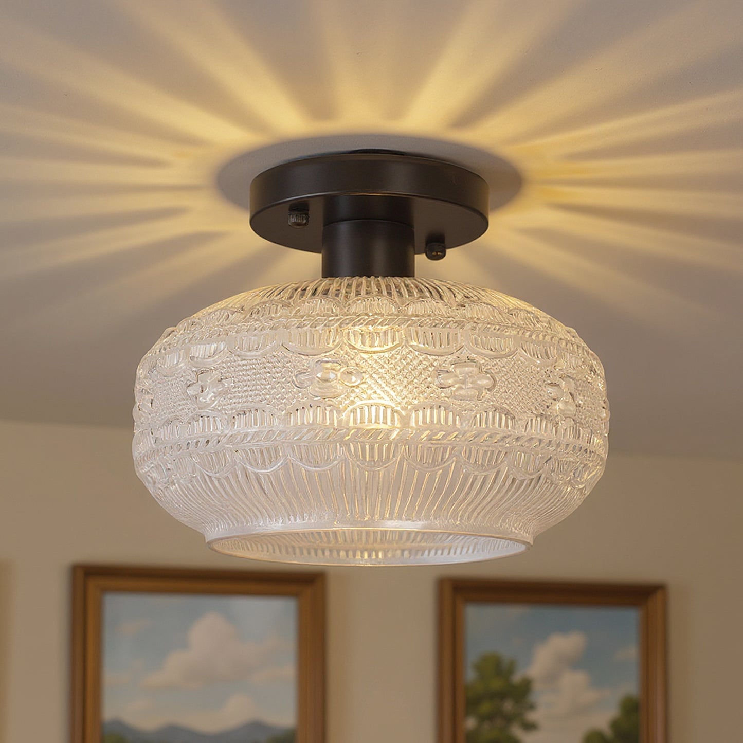 YANSUN 1-Light Matte Black Semi Flush Mount Ceiling Fixture with Globe Glass Shade for Bedrooms, Bathrooms, Hallways, and Living rooms