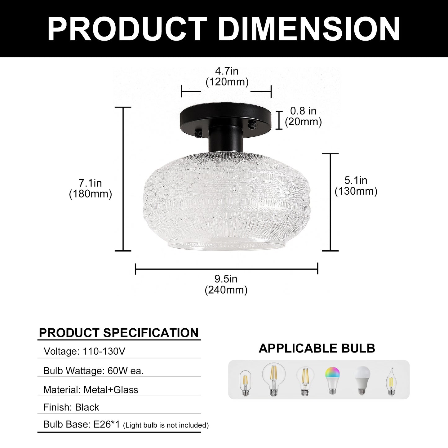 YANSUN 1-Light Matte Black Semi Flush Mount Ceiling Fixture with Globe Glass Shade for Bedrooms, Bathrooms, Hallways, and Living rooms