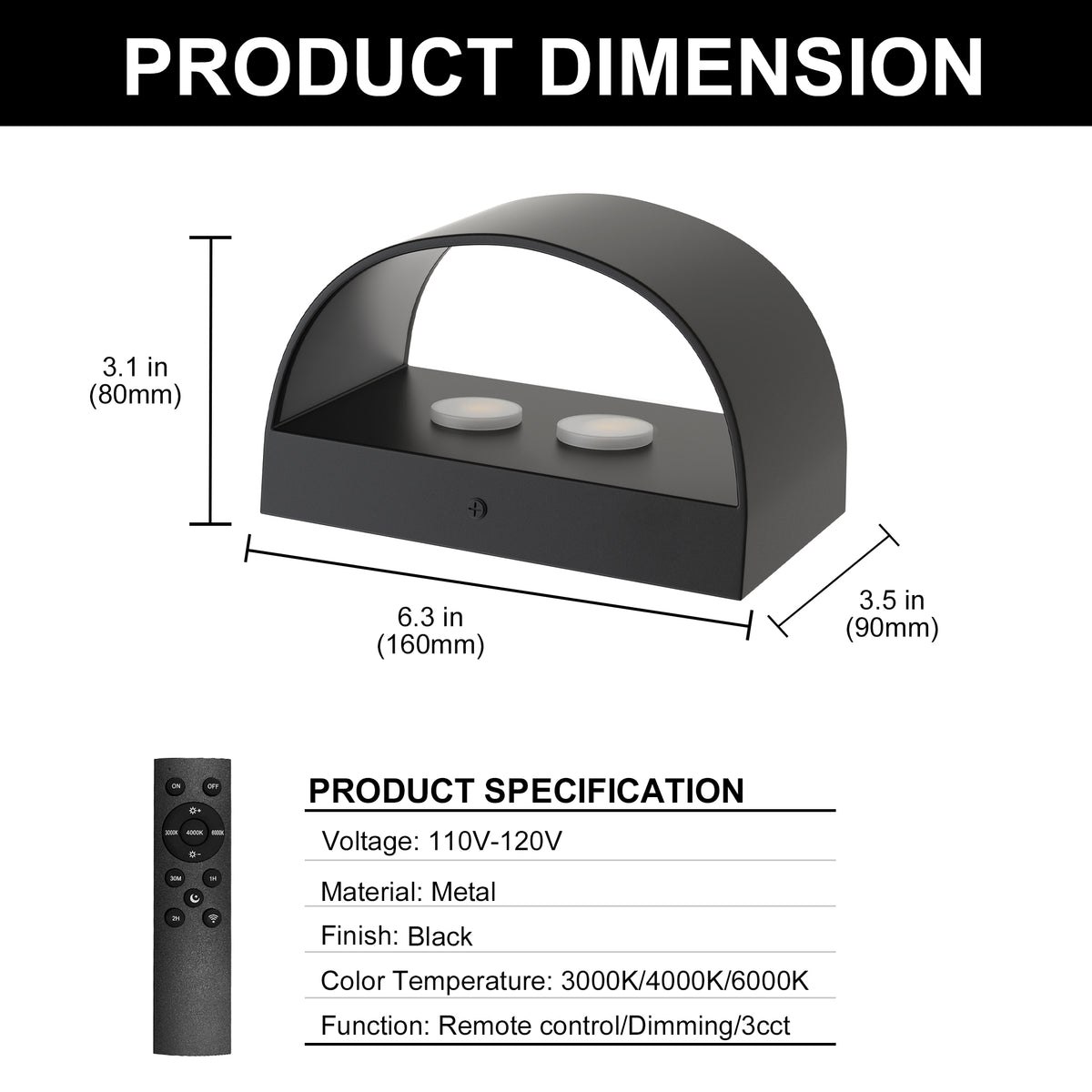 2-Pack Modern Curved LED Wall Sconce, Black Rectangular Indoor Vanity Light, 6-Watt, 3000K??¨¬C6000K Ajustable White