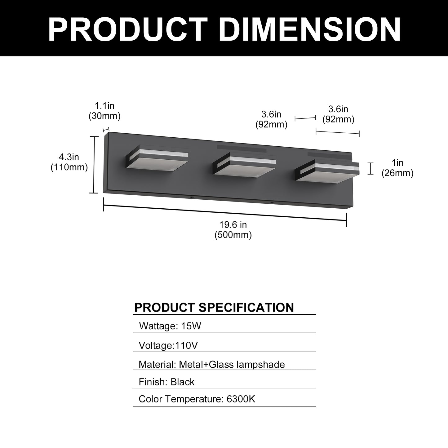 YANSUN 3-Light Vanity Mirror Light with Up/Down Lighting, Integrated LED 6300K Cool White, 754 Lumen, Matte Black Finish