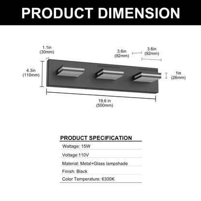 YANSUN 3-Light Vanity Mirror Light with Up/Down Lighting, Integrated LED 6300K Cool White, 754 Lumen, Matte Black Finish