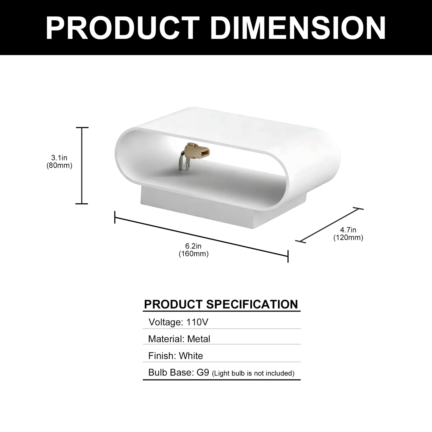 YANSUN Set of 2 Modern Wall Sconces, White Elliptical Design, Concave Curved Profile, Minimalist Style, G9 Sockets