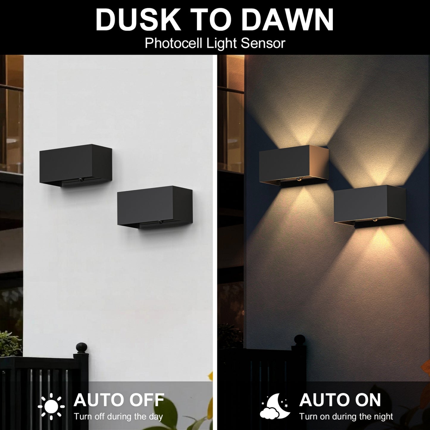 YANSUN Set of 2 Outdoor Wall Lights with Motion Sensor & Light Sensor, Integrated LED 3000K, Sand Black Finish, 24W