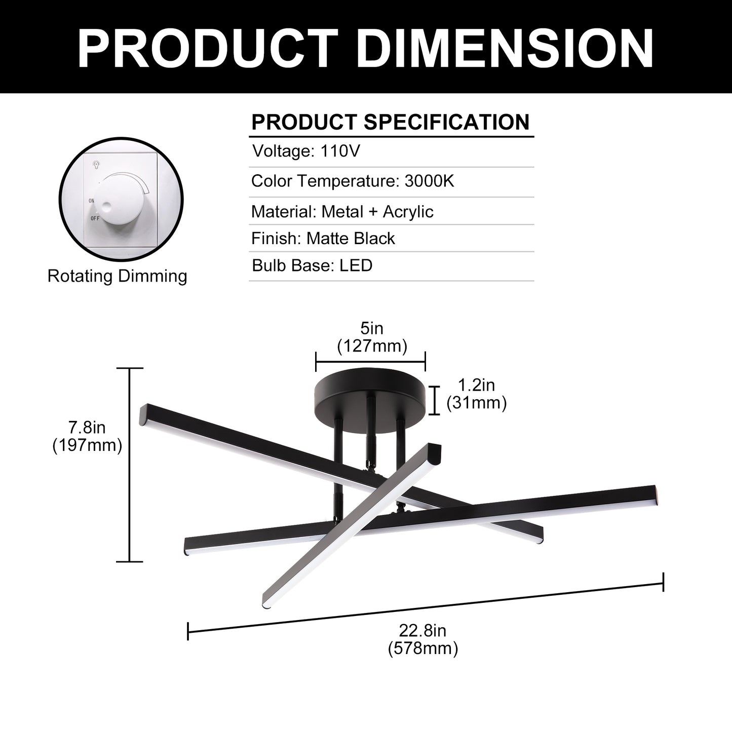 YANSUN 3-Light Black LED Modern Semi-Flush Mount Ceiling Light, 3000K Sputnik Chandelier for Kitchen, Bedroom, Hallway