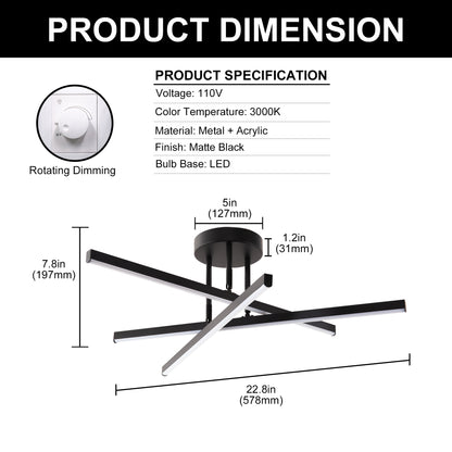 YANSUN 3-Light Black LED Modern Semi-Flush Mount Ceiling Light, 3000K Sputnik Chandelier for Kitchen, Bedroom, Hallway