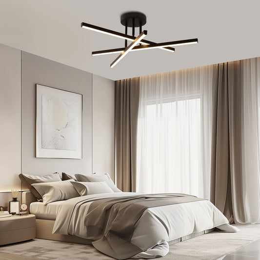 YANSUN 3-Light Black LED Modern Semi-Flush Mount Ceiling Light, 3000K Sputnik Chandelier for Kitchen, Bedroom, Hallway