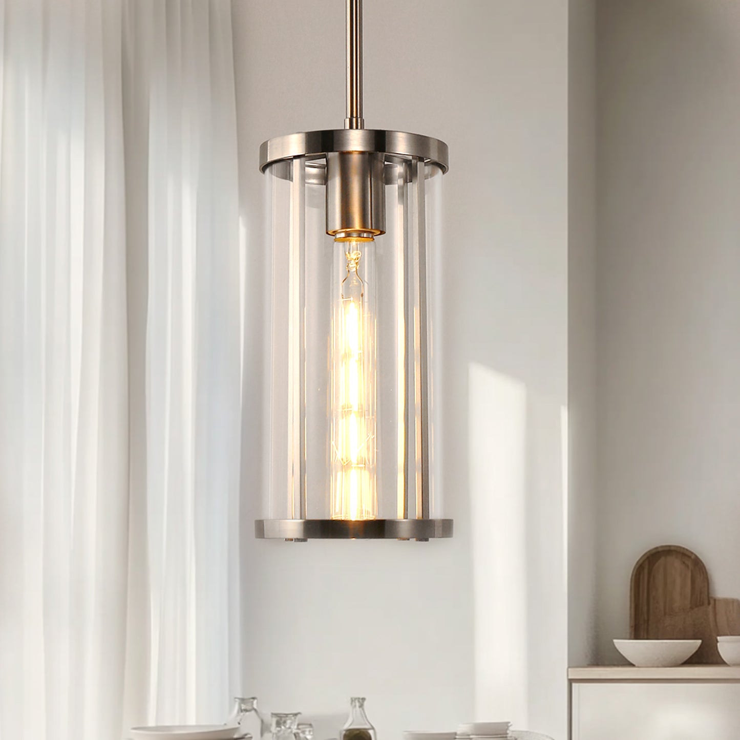 YANSUN 1-Light Pendant with Clear Cylindrical Glass Shade, Non-Integrated Bulb, Sand Nickel Finish, E26 Socket