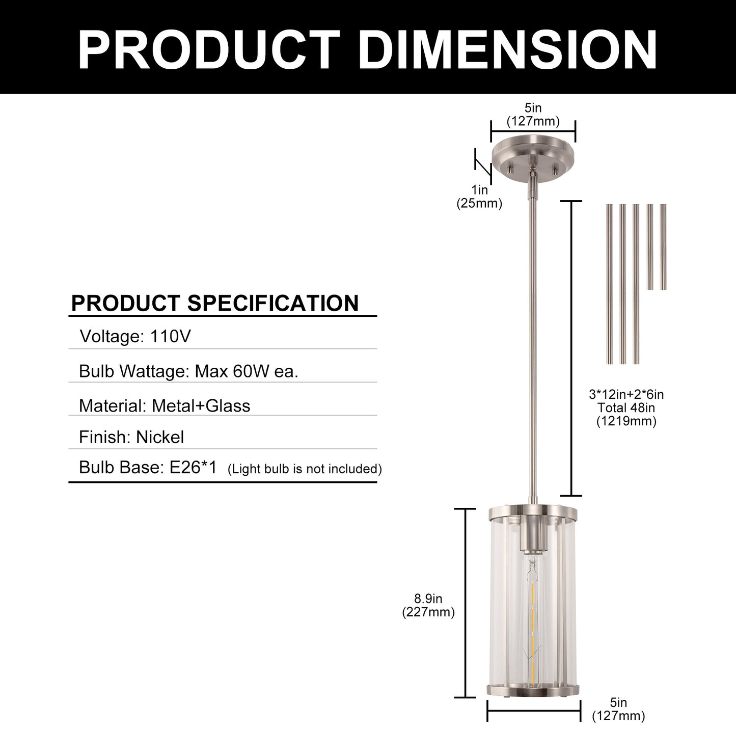 YANSUN 1-Light Pendant with Clear Cylindrical Glass Shade, Non-Integrated Bulb, Sand Nickel Finish, E26 Socket
