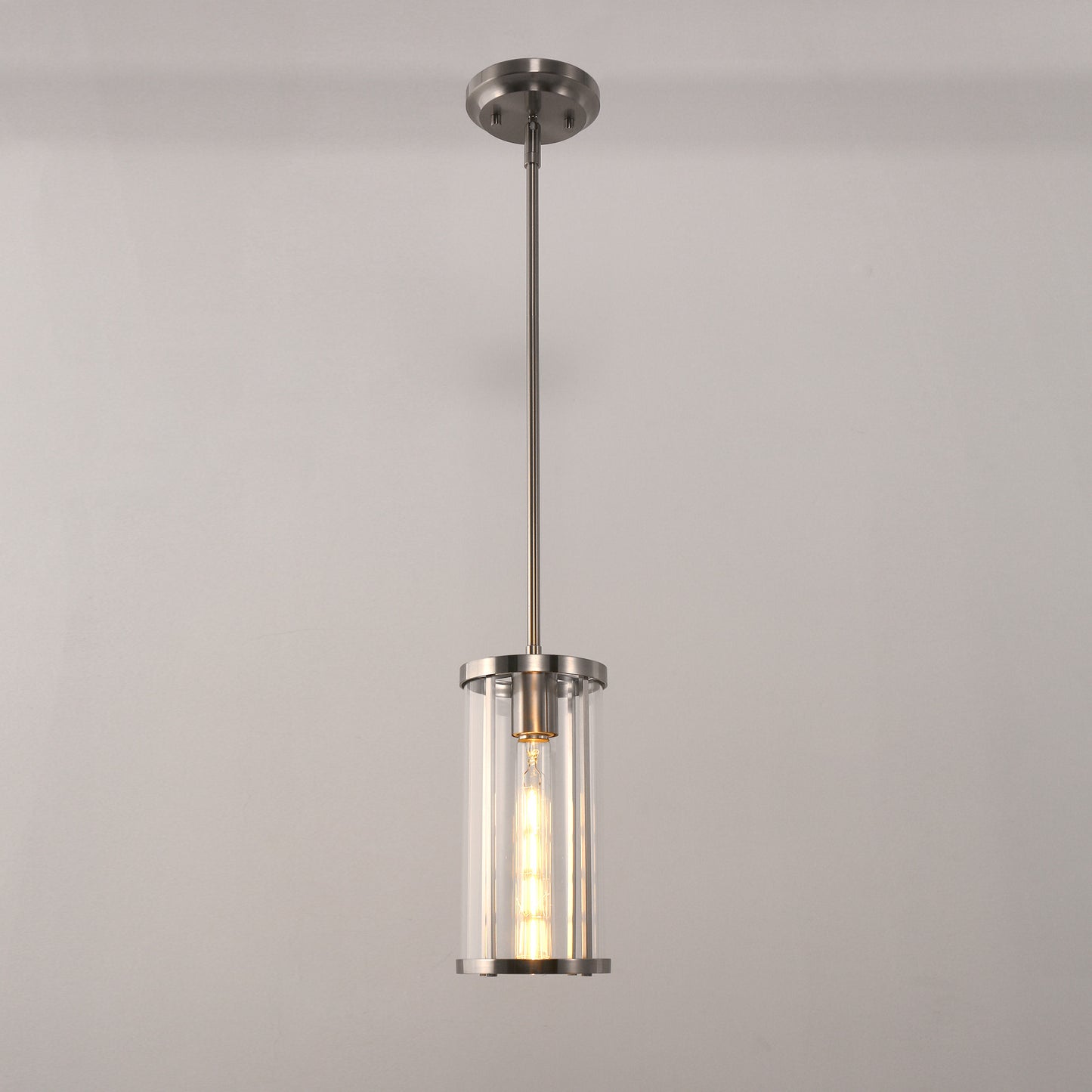 YANSUN 1-Light Pendant with Clear Cylindrical Glass Shade, Non-Integrated Bulb, Sand Nickel Finish, E26 Socket