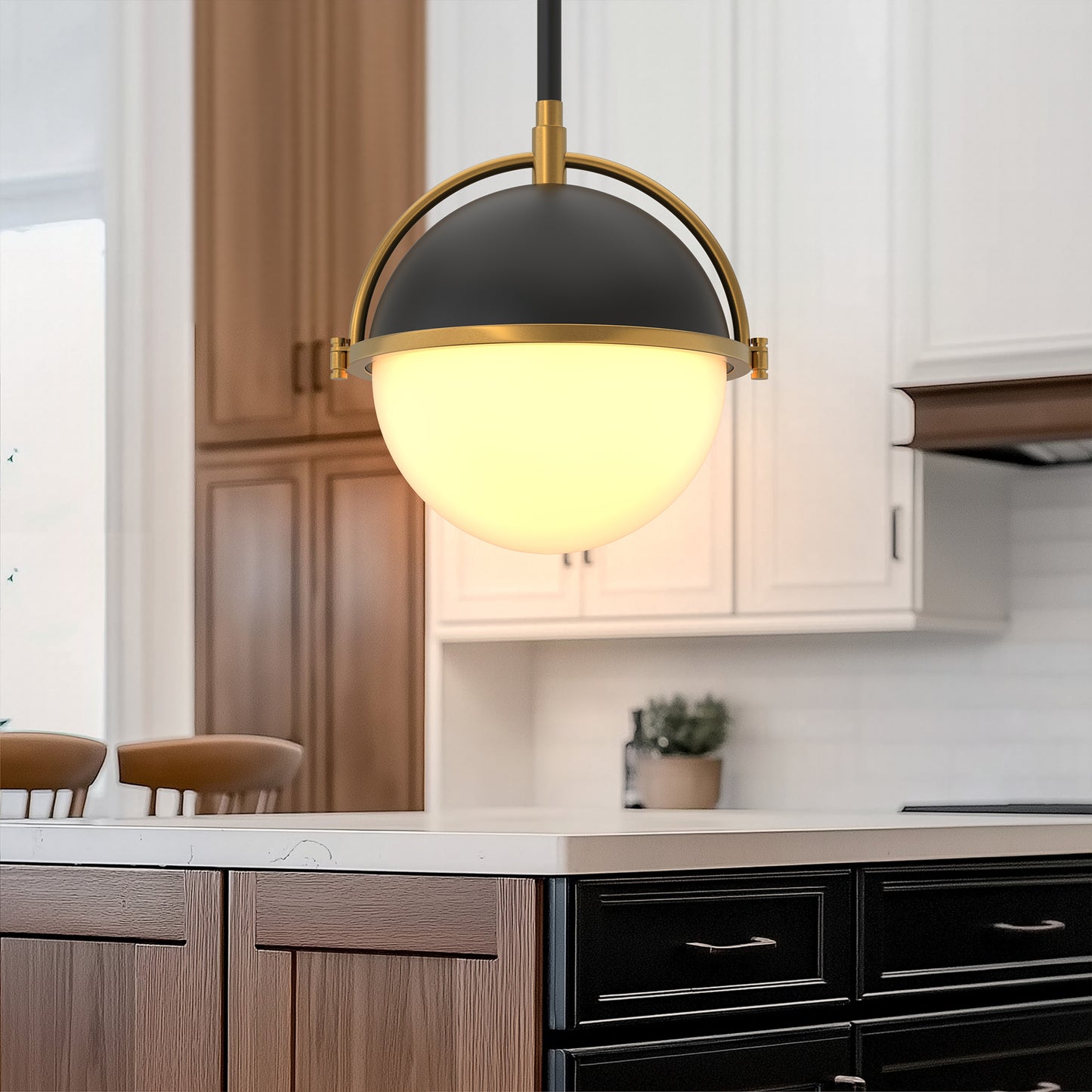 8 in. 1-Light Elegant Metal with Glass Globe Lighting, Matte Black and Gold Finishes for Kitchen Island