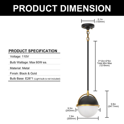 8 in. 1-Light Elegant Metal with Glass Globe Lighting, Matte Black and Gold Finishes for Kitchen Island