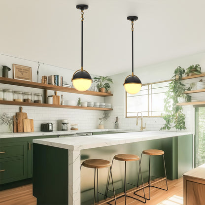 8 in. 1-Light Elegant Metal with Glass Globe Lighting, Matte Black and Gold Finishes for Kitchen Island