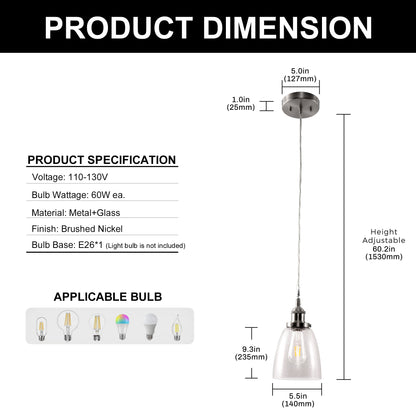 6 in.1-Light Brushed Nickel Industrial Glass Pendant Light, Hanging Ceiling Fixture for Kitchen, Bar, and Dining Room